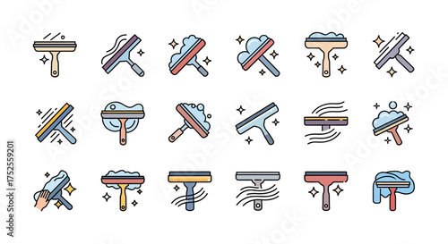 Collection of various squeegee cleaning tools with water, soap, and sparkling effects, illustrating window washing and surface cleaning.