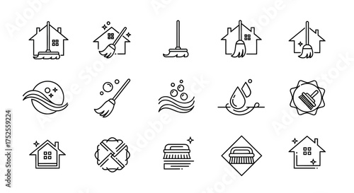 A collection of clean line art icons representing various cleaning services and tools for homes and surfaces, including brooms, mops, water drops, and sparkling houses.
