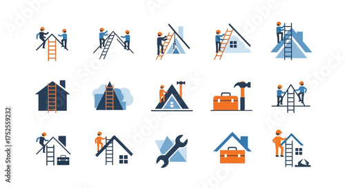 A set of flat vector icons depicting roofers and contractors repairing and building house roofs.