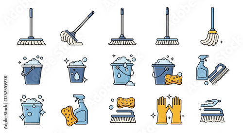 A collection of cleaning tools and supplies, including various mops, buckets with suds, sponges, spray bottles, brushes, and protective gloves, illustrating ...