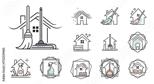 A collection of minimalist line art icons representing home cleaning services, featuring stylized houses, brooms, mops, and spray bottles.