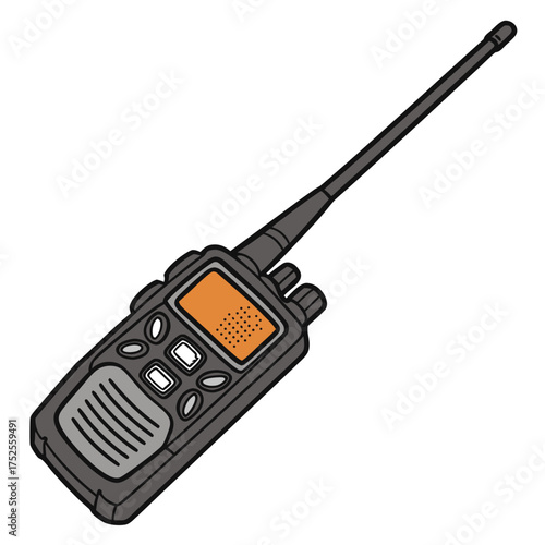 A dark gray or black walkie-talkie (two-way radio). It is shown with a long antenna, an orange/amber display screen, a speaker grille, and various control buttons. The style is simple, bold.