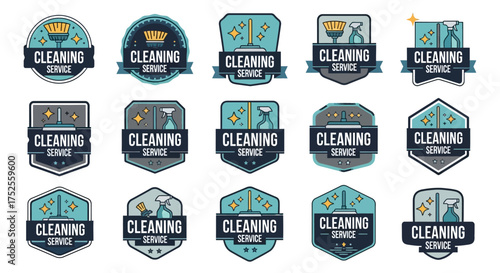 A collection of modern, flat design logos and emblems for a cleaning service, featuring various cleaning tools.