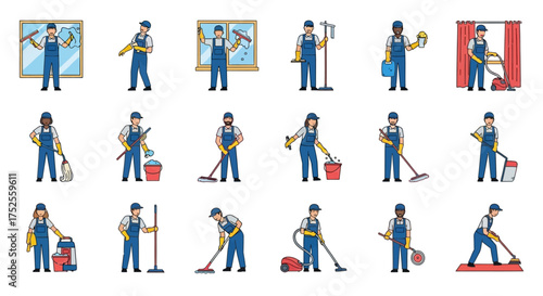 A collection of diverse cartoon characters performing various cleaning tasks, including window washing, mopping, vacuuming, and lawn mowing, all depicted in ...