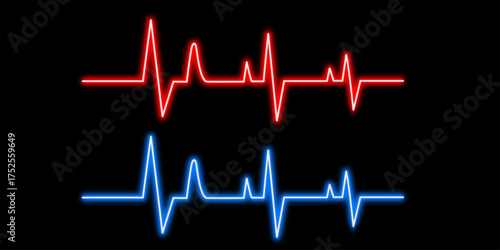 Neon glowing heartbeat vector icons set, ECG line, EKG, pulse, medical rhythm, vital signs, red and blue digital design illustration on dark background.