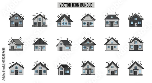 A grid of eighteen distinct vector house icons, each featuring a sparkling effect to denote cleanliness or newness.