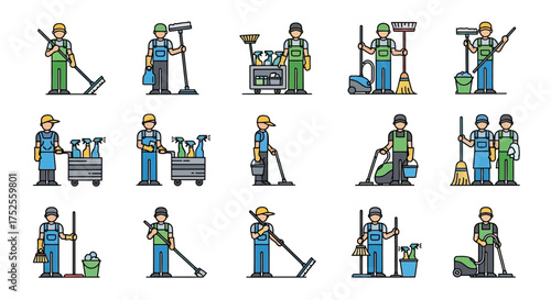 A collection of cartoon illustrations depicting various cleaning professionals performing different tasks.