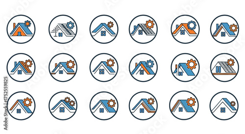A collection of stylized house icons with different gear and roof variations, set within circular frames.