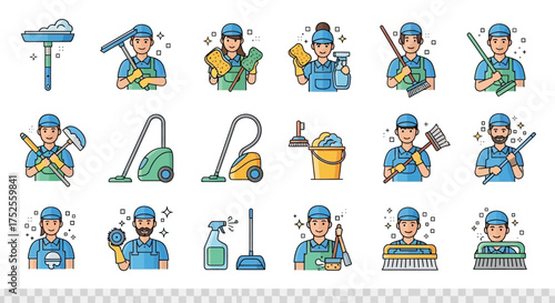 A collection of cleaning service icons featuring cleaning tools and diverse cleaning staff in uniform, showcasing various cleaning activities and equipment.