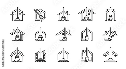 A set of minimalist line art icons featuring various house outlines combined with brooms and mops, symbolizing home cleaning services.