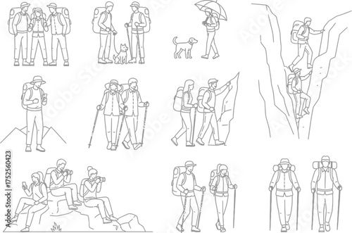 Collection of detailed ancient egyptian hieroglyphic figures depicting daily life and religious scenes in black and white line art