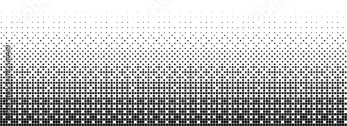 Binary halftone texture background. Square dot faded gradation wallpaper. Black and white squared pixels. Abstract glitchy 8 bit video game backdrop. Vector comic bitmap dither screen tone overlay