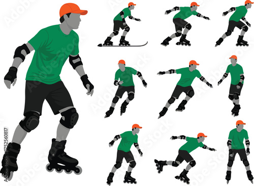 Dynamic silhouette collection of rollerbladers in various action poses demonstrating speed agility and athleticism