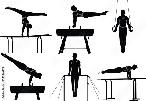 Collection of silhouettes of male gymnasts performing various artistic gymnastics routines and exercises on apparatus