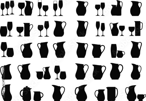 Collection of diverse black silhouettes of various pitchers jugs and glasses on a white background representing a still life arrangement