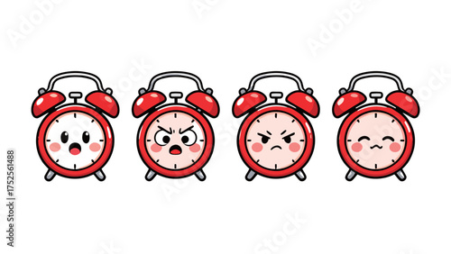 Set of four red cartoon alarm clock characters showing different morning emotions