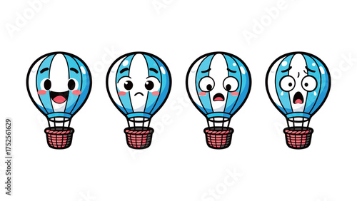 Set of cute cartoon hot air balloon emojis with various emotions and expressions