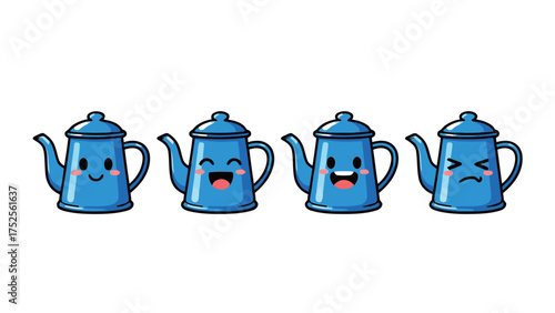 Cartoon blue coffee pot emoji set with various expressions and cheerful emotions
