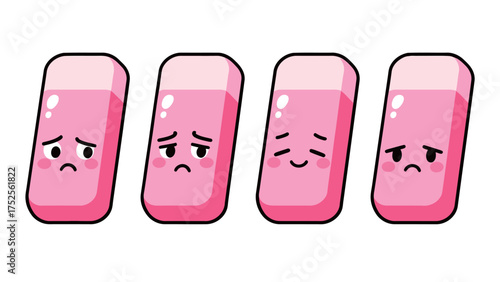 Cute cartoon pink eraser emoji set showing various sad and disappointed expressions