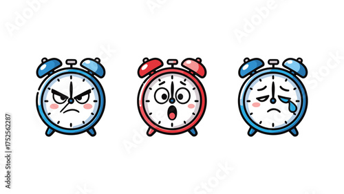 Set of cartoon alarm clock characters showing angry, shocked, and crying emotions