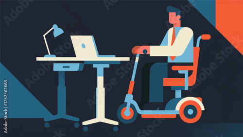 illustration of An employee with a mobility scooter pulling up to an adjustable-height desk, ready to start their workday.eps