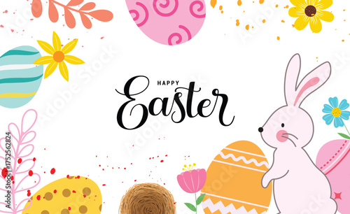 Happy easter clipart background design. Happy easter Sunday wishes and greeting clip art with flat bunny, eggs and flowers drawing in colorful abstract. Vector illustration invitation card design. 
