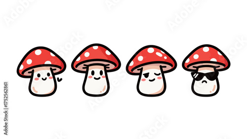 Set of four cute cartoon toadstool mushroom characters with happy and cool expressions