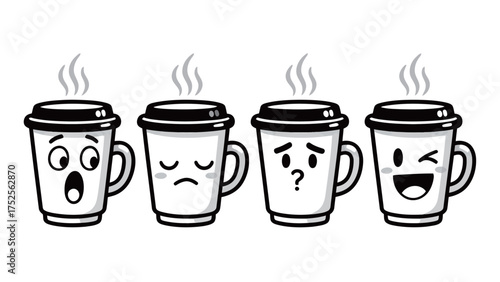 Black and white cartoon coffee cup set with surprised, sad, questioning, and winking expressions