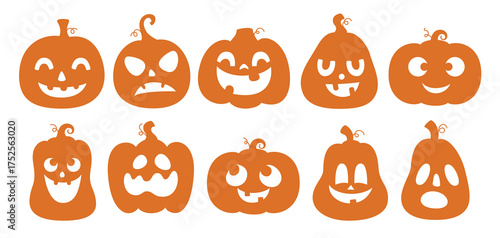 Pumpkins orange clipart set. Orange Pumpkin cute faces clip art with happy, funny, scary and spooky faces abstract icon collection for Halloween party decoration design vector illustration.