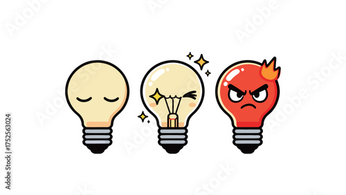 Cartoon light bulb set showing sleeping, bright idea, and angry/overheated expressions