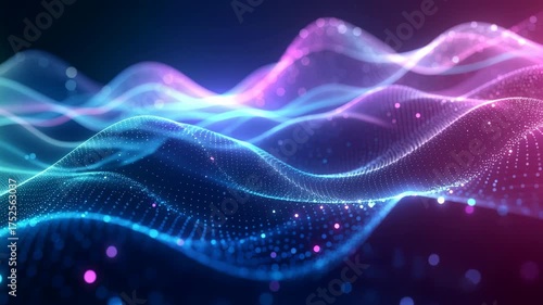 Abstract digital landscape with flowing particles forming colorful waves in gradient blue and pink tone, futuristic background symbolizing data flow and technology motion.