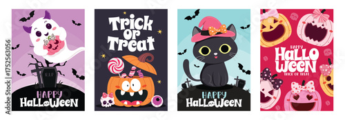 Trick or treat Halloween greeting card clipart poster set. Happy Halloween greeting text clip art with ghost, pumpkins and cats cute characters for horror invitation card template collection