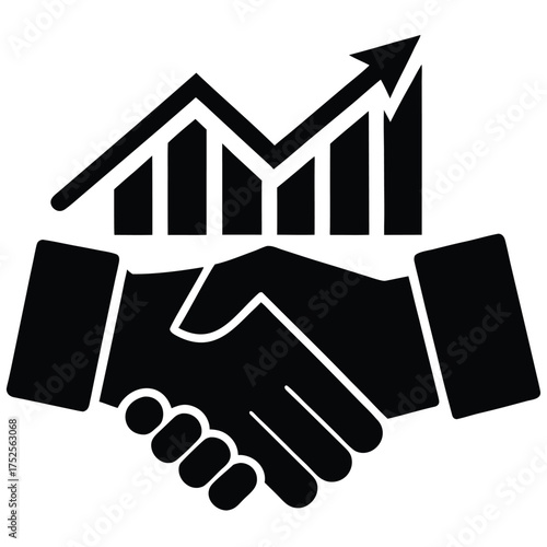 Black handshake icon with upward trending graph agreement