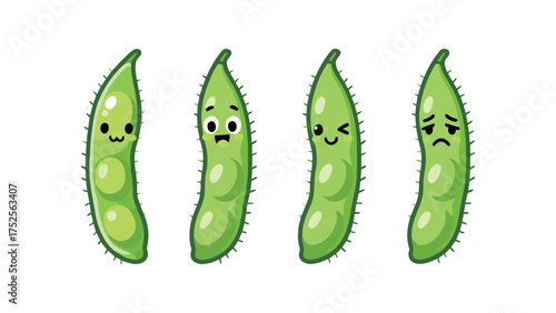 Cute cartoon edamame bean pod set with smiling, surprised, winking, and sad expressions