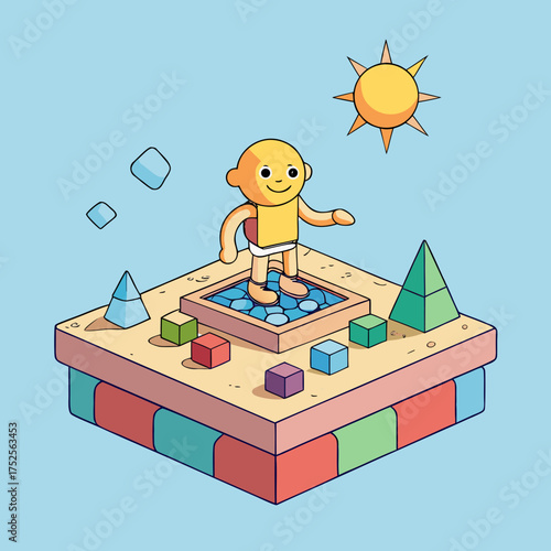 Cartoon character standing on a colorful miniature world