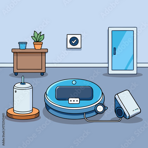 Robot vacuum cleaner in a room doing its cleaning job