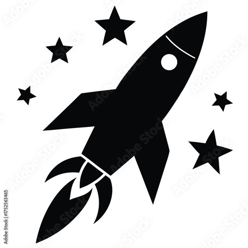 Black rocket ship flying through black stars space
