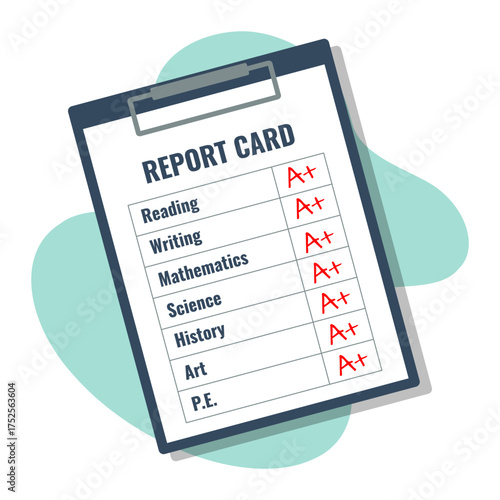school report card with A plus grades, subjects list in clipboard, education excellent result, flat style illustration