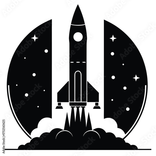 Black retro rocket launching into starry night sky