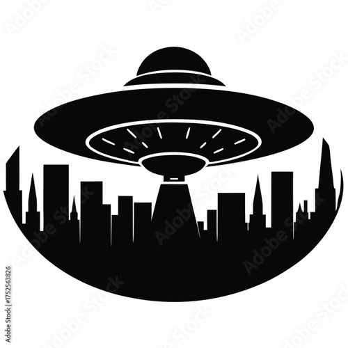 Black silhouette flying saucer over city skyline white
