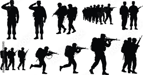 Military soldier silhouettes, combat poses, army training, tactical movement, rifle aiming, saluting troops, battlefield action, war preparation, defense force illustration
