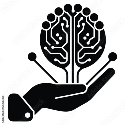 Black vector brain with circuitry held in open hand