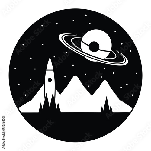 Black and white silhouette of rocket on alien planet with ringed planet 1
