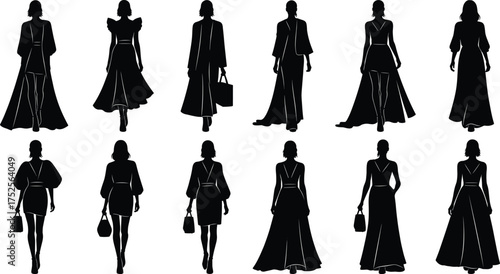 Fashion silhouettes, women dresses, stylish outfits, back view, elegant gowns, trendy clothing, diverse styles, puff sleeves, capes, handbags