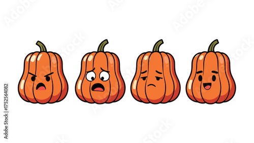 Cartoon butternut squash or pumpkin set with angry, surprised, sad, and happy expressions
