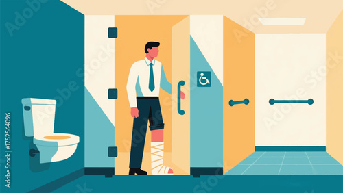 Illustration Of An Employee With A Temporary Cast On Their Leg Using An Accessible Restroom Stall With Grab Bars And Ample Space Vector Design Template