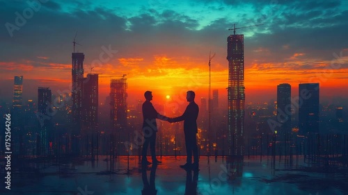 Two businessmen shaking hands on a rooftop overlooking a city skyline at sunset.