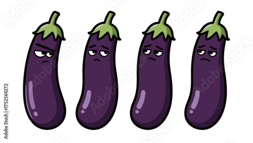 Set of four cartoon eggplant or aubergine characters with grumpy, sad, and unhappy expressions