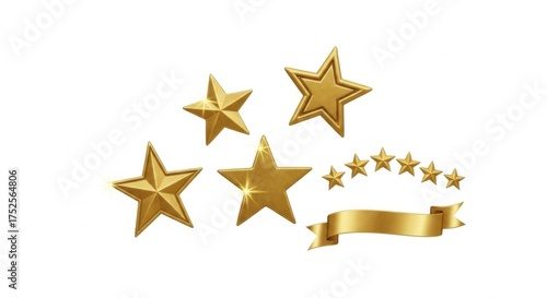 Collection of Golden Stars and a Banner Symbolizing Excellence Achievement Success and High Quality Standards