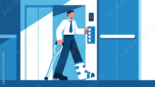 Illustration Of An Employee With A Temporary Walking Boot Using An Elevator With Large, Easy-To-Press Buttons Vector Design Template